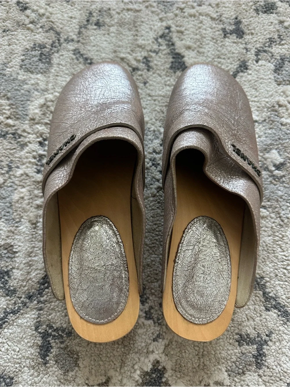 Chanel Metallic Silver Crack Leather Wooden Clogs Size 38
